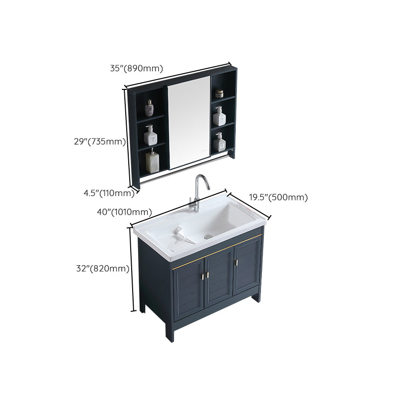 Grey Bath Vanity Freestanding Rectangular Single Sink Doors Metal Frame Vanity with Mirror Clearhalo 'Bathroom Remodel & Bathroom Fixtures' 'Bathroom Vanities' 'bathroom_vanities' 'Home Improvement' 'home_improvement' 'home_improvement_bathroom_vanities' 7289181