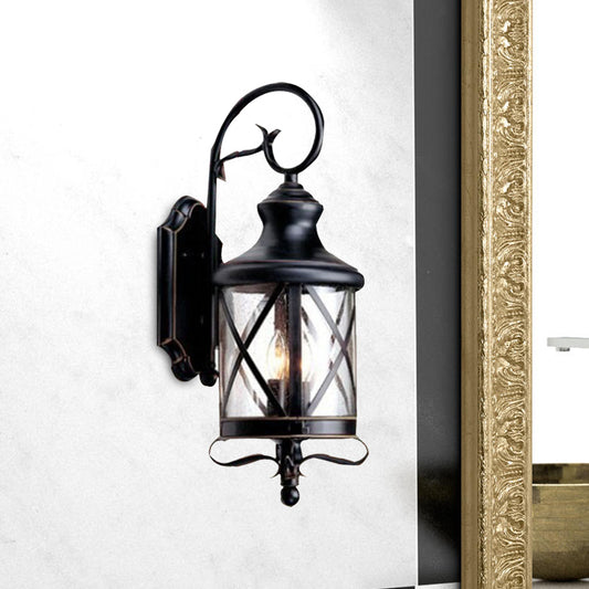 Black 1 Head Wall Light Fixture Rustic Clear Seeded Glass Jar Shape Wall Sconce Lamp for Garden Clearhalo 'Wall Lamps & Sconces' 'Wall Lights' Lighting' 728929