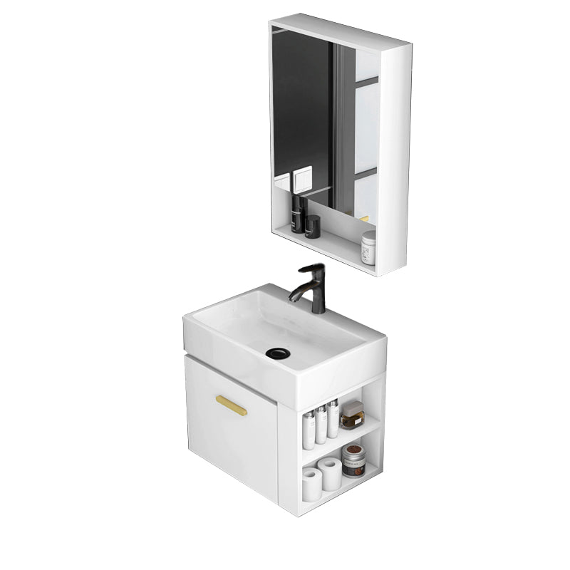 Modern White Ceramic Top Vanity Single-Sink Rectangular Wall Mount Vanity Vanity & Faucet & Mirror Cabinet 20"L x 14"W x 16"H White Clearhalo 'Bathroom Remodel & Bathroom Fixtures' 'Bathroom Vanities' 'bathroom_vanities' 'Home Improvement' 'home_improvement' 'home_improvement_bathroom_vanities' 7289545