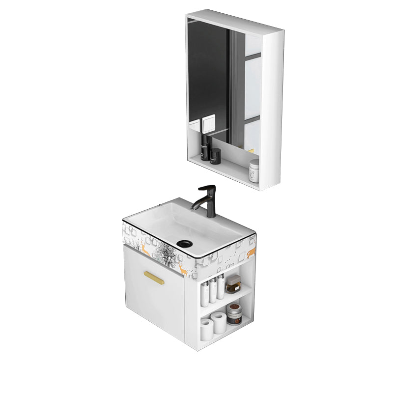 Modern White Ceramic Top Vanity Single-Sink Rectangular Wall Mount Vanity Vanity & Faucet & Mirror Cabinet 20"L x 14"W x 16"H Beige Clearhalo 'Bathroom Remodel & Bathroom Fixtures' 'Bathroom Vanities' 'bathroom_vanities' 'Home Improvement' 'home_improvement' 'home_improvement_bathroom_vanities' 7289549