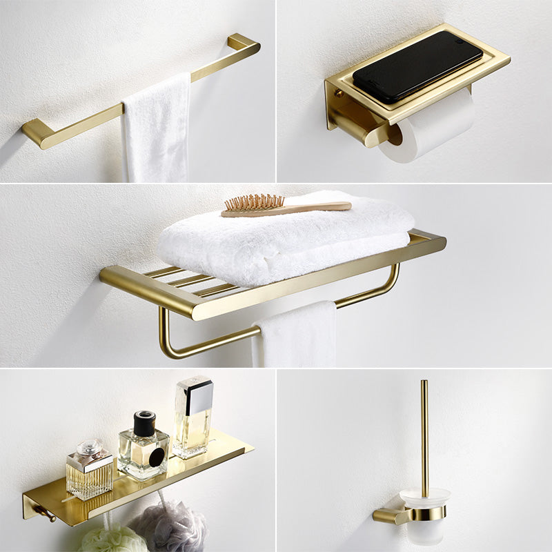 Modern Brushed Brass Bathroom Accessories Hardware Set with Towel Bar 5-Piece Set (with Hook) Clearhalo 'Bathroom Hardware Sets' 'Bathroom Hardware' 'Bathroom Remodel & Bathroom Fixtures' 'bathroom_hardware_sets' 'Home Improvement' 'home_improvement' 'home_improvement_bathroom_hardware_sets' 7290140