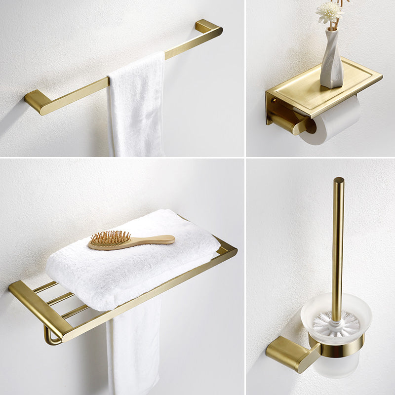 Modern Brushed Brass Bathroom Accessories Hardware Set with Towel Bar 4-Piece Set Clearhalo 'Bathroom Hardware Sets' 'Bathroom Hardware' 'Bathroom Remodel & Bathroom Fixtures' 'bathroom_hardware_sets' 'Home Improvement' 'home_improvement' 'home_improvement_bathroom_hardware_sets' 7290141