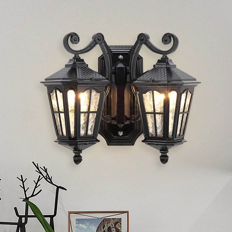 Geometric Outdoor Wall Light Countryside Water Glass 2 Lights Black Finish Sconce Lamp with Double Swirl Arm Black Clearhalo 'Wall Lamps & Sconces' 'Wall Lights' Lighting' 729090