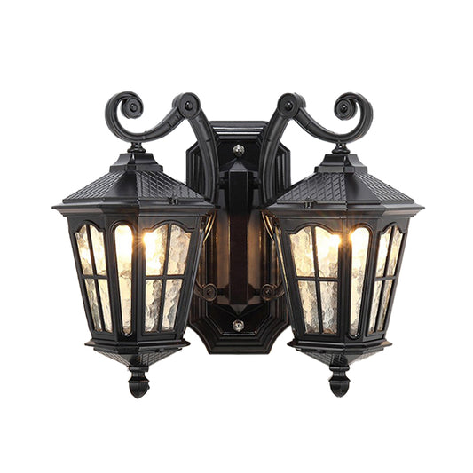 Geometric Outdoor Wall Light Countryside Water Glass 2 Lights Black Finish Sconce Lamp with Double Swirl Arm Clearhalo 'Wall Lamps & Sconces' 'Wall Lights' Lighting' 729092