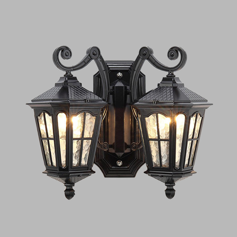 Geometric Outdoor Wall Light Countryside Water Glass 2 Lights Black Finish Sconce Lamp with Double Swirl Arm Clearhalo 'Wall Lamps & Sconces' 'Wall Lights' Lighting' 729093