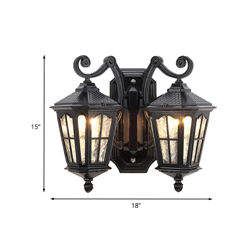 Geometric Outdoor Wall Light Countryside Water Glass 2 Lights Black Finish Sconce Lamp with Double Swirl Arm Clearhalo 'Wall Lamps & Sconces' 'Wall Lights' Lighting' 729094