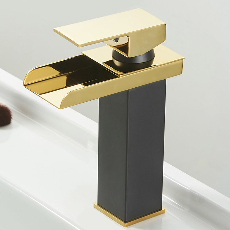 Modern Waterfall Spout Sink Faucet with Led Brass Lavatory Faucet Black-Gold Low Style Square Clearhalo 'Bathroom Remodel & Bathroom Fixtures' 'Bathroom Sink Faucets' 'Bathroom Sinks & Faucet Components' 'bathroom_sink_faucets' 'Home Improvement' 'home_improvement' 'home_improvement_bathroom_sink_faucets' 7291590