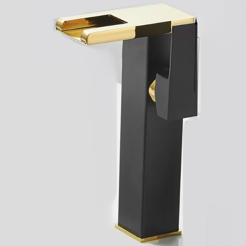 Modern Waterfall Spout Sink Faucet with Led Brass Lavatory Faucet Black-Gold High Style Led Spout Clearhalo 'Bathroom Remodel & Bathroom Fixtures' 'Bathroom Sink Faucets' 'Bathroom Sinks & Faucet Components' 'bathroom_sink_faucets' 'Home Improvement' 'home_improvement' 'home_improvement_bathroom_sink_faucets' 7291595