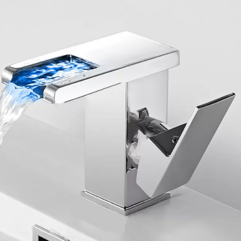 Modern Waterfall Spout Sink Faucet with Led Brass Lavatory Faucet Silver Low Style Led Spout Clearhalo 'Bathroom Remodel & Bathroom Fixtures' 'Bathroom Sink Faucets' 'Bathroom Sinks & Faucet Components' 'bathroom_sink_faucets' 'Home Improvement' 'home_improvement' 'home_improvement_bathroom_sink_faucets' 7291599