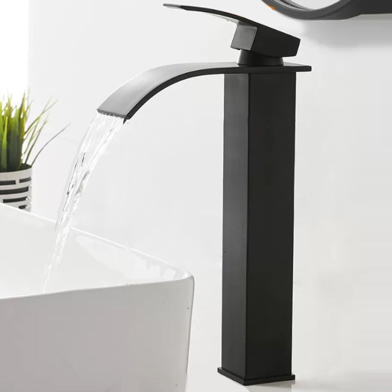 Modern Waterfall Spout Sink Faucet with Led Brass Lavatory Faucet Black High Style Flat Clearhalo 'Bathroom Remodel & Bathroom Fixtures' 'Bathroom Sink Faucets' 'Bathroom Sinks & Faucet Components' 'bathroom_sink_faucets' 'Home Improvement' 'home_improvement' 'home_improvement_bathroom_sink_faucets' 7291603