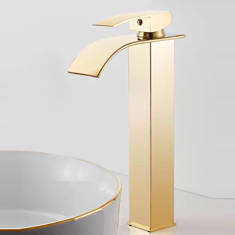 Modern Waterfall Spout Sink Faucet with Led Brass Lavatory Faucet Gold High Style Flat Clearhalo 'Bathroom Remodel & Bathroom Fixtures' 'Bathroom Sink Faucets' 'Bathroom Sinks & Faucet Components' 'bathroom_sink_faucets' 'Home Improvement' 'home_improvement' 'home_improvement_bathroom_sink_faucets' 7291605