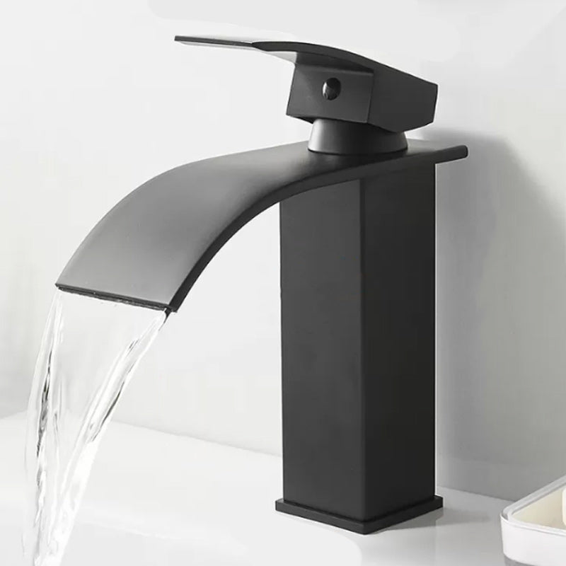 Modern Waterfall Spout Sink Faucet with Led Brass Lavatory Faucet Black Low Style Flat Clearhalo 'Bathroom Remodel & Bathroom Fixtures' 'Bathroom Sink Faucets' 'Bathroom Sinks & Faucet Components' 'bathroom_sink_faucets' 'Home Improvement' 'home_improvement' 'home_improvement_bathroom_sink_faucets' 7291607