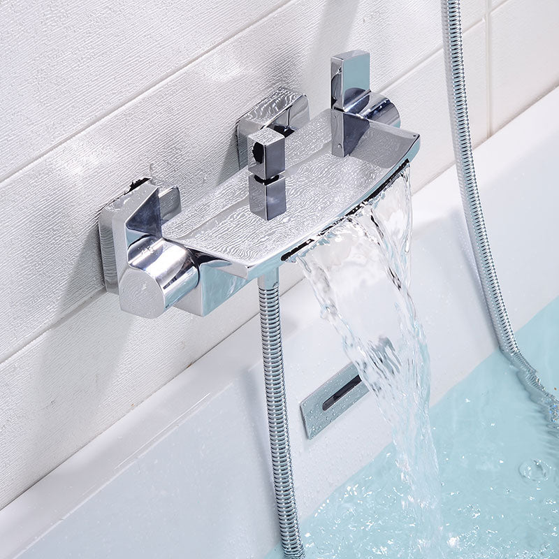 Contemporary Bathroom Faucet Wall Mounted Copper Low Arc Fixed Clawfoot Tub Faucets Silver Difunctional Water Outlet Hand Shower Not Included Clearhalo 'Bathroom Remodel & Bathroom Fixtures' 'Bathtub Faucets' 'bathtub_faucets' 'Home Improvement' 'home_improvement' 'home_improvement_bathtub_faucets' 7291814