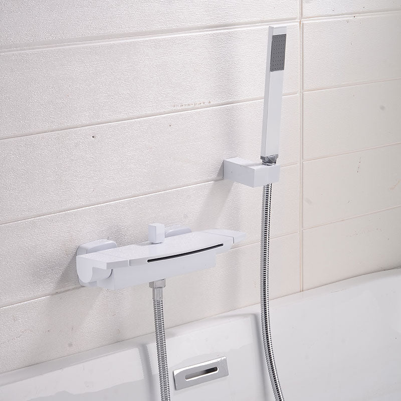 Contemporary Bathroom Faucet Wall Mounted Copper Low Arc Fixed Clawfoot Tub Faucets White Difunctional Water Outlet Hand Shower Included Clearhalo 'Bathroom Remodel & Bathroom Fixtures' 'Bathtub Faucets' 'bathtub_faucets' 'Home Improvement' 'home_improvement' 'home_improvement_bathtub_faucets' 7291818