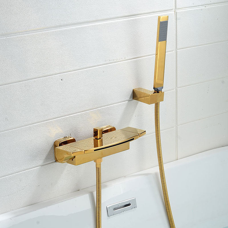 Contemporary Bathroom Faucet Wall Mounted Copper Low Arc Fixed Clawfoot Tub Faucets Gold Difunctional Water Outlet Hand Shower Included Clearhalo 'Bathroom Remodel & Bathroom Fixtures' 'Bathtub Faucets' 'bathtub_faucets' 'Home Improvement' 'home_improvement' 'home_improvement_bathtub_faucets' 7291825