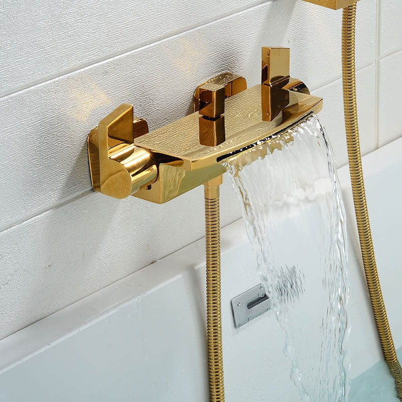 Contemporary Bathroom Faucet Wall Mounted Copper Low Arc Fixed Clawfoot Tub Faucets Gold Difunctional Water Outlet Hand Shower Not Included Clearhalo 'Bathroom Remodel & Bathroom Fixtures' 'Bathtub Faucets' 'bathtub_faucets' 'Home Improvement' 'home_improvement' 'home_improvement_bathtub_faucets' 7291826