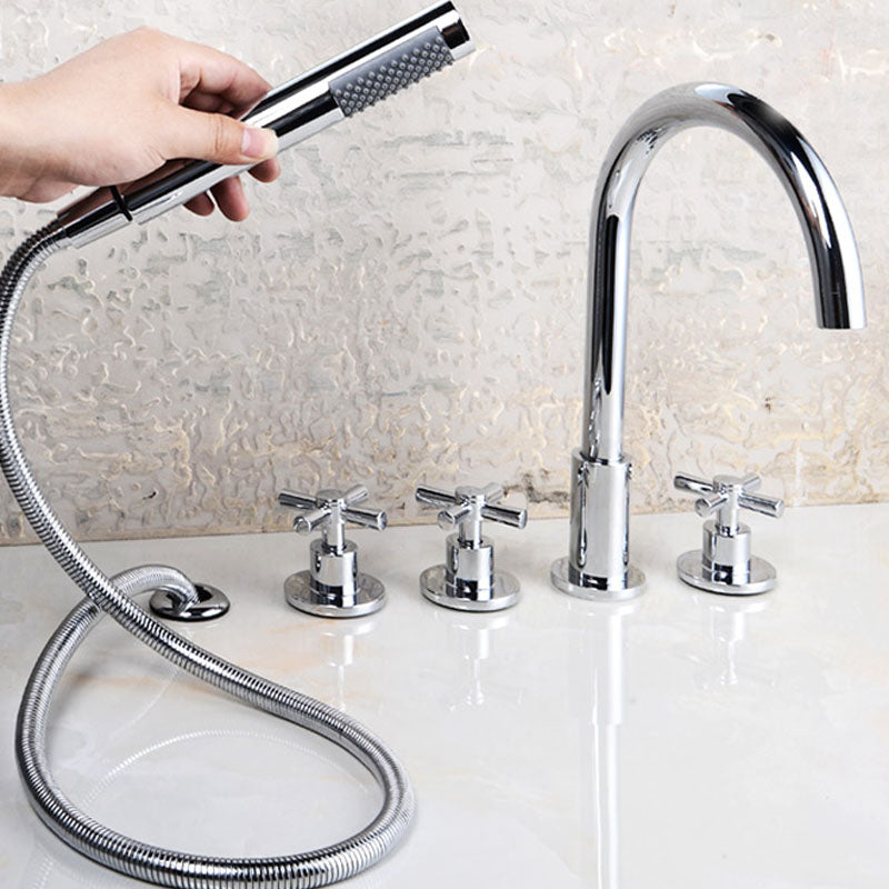 Contemporary Bathroom Faucet Deck Mounted Copper Low Arc Roman Tub Set Clearhalo 'Bathroom Remodel & Bathroom Fixtures' 'Bathtub Faucets' 'bathtub_faucets' 'Home Improvement' 'home_improvement' 'home_improvement_bathtub_faucets' 7291835