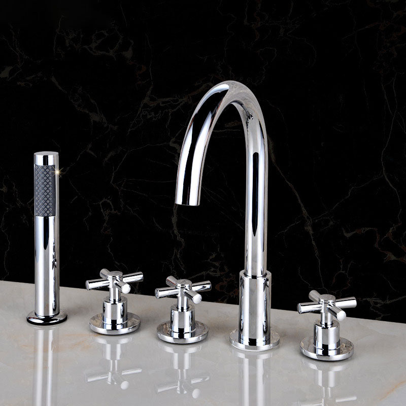 Contemporary Bathroom Faucet Deck Mounted Copper Low Arc Roman Tub Set Round Clearhalo 'Bathroom Remodel & Bathroom Fixtures' 'Bathtub Faucets' 'bathtub_faucets' 'Home Improvement' 'home_improvement' 'home_improvement_bathtub_faucets' 7291836