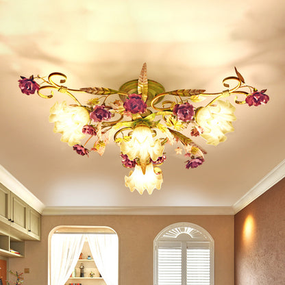 Opal Glass Scalloped Semi Flush Korean Flower 4 Bulbs Living Room Flush Ceiling Light in Green Green Clearhalo 'Ceiling Lights' 'Close To Ceiling Lights' 'Close to ceiling' 'Semi-flushmount' Lighting' 729239