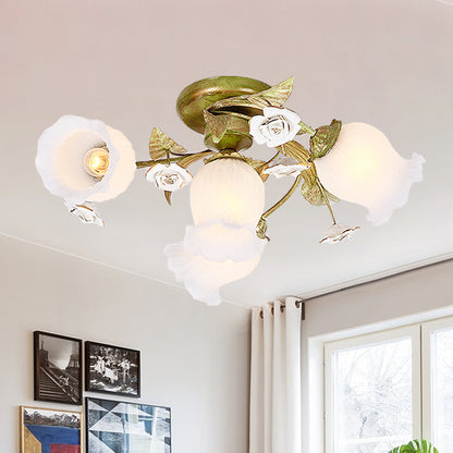 Twisted Living Room Flush Light Pastoral Frosted Glass 4/7/9-Bulb Green Semi Flush Mount Lighting 4 Green Clearhalo 'Ceiling Lights' 'Close To Ceiling Lights' 'Close to ceiling' 'Semi-flushmount' Lighting' 729249