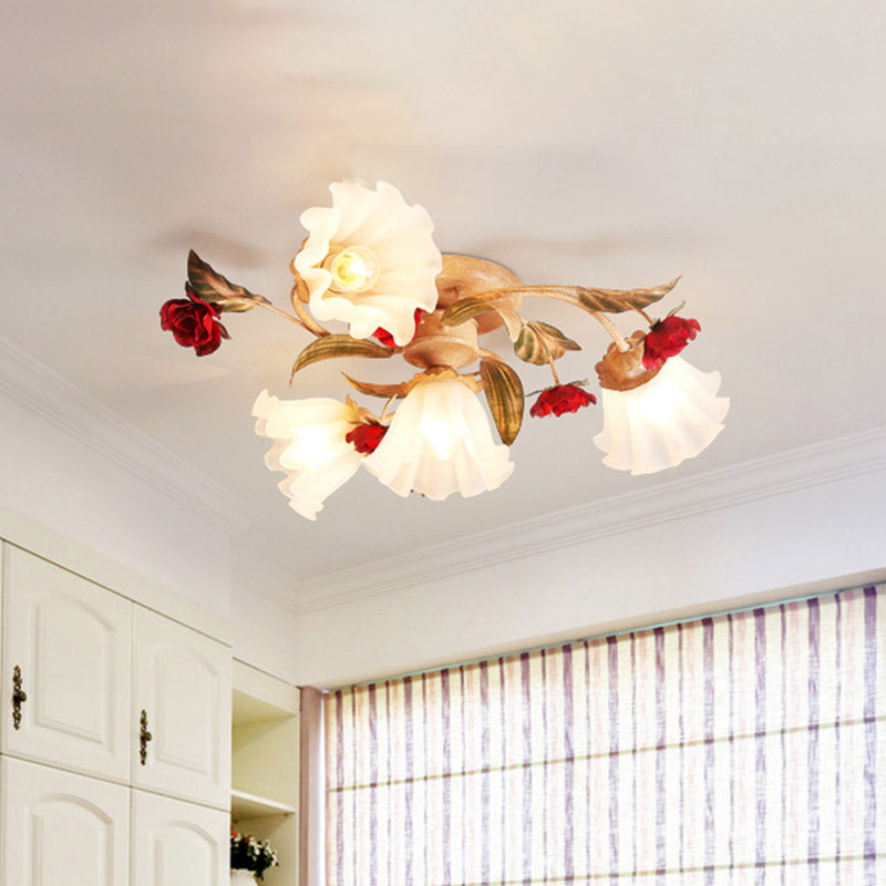 Brown 4/7/9-Bulb Semi Flush Mount Pastoral Frosted Glass Starburst Flush Ceiling Light with Red Flower 4 Brown Clearhalo 'Ceiling Lights' 'Close To Ceiling Lights' 'Close to ceiling' 'Semi-flushmount' Lighting' 729264