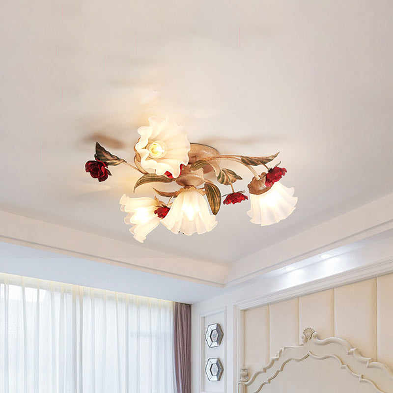 Brown 4/7/9-Bulb Semi Flush Mount Pastoral Frosted Glass Starburst Flush Ceiling Light with Red Flower Clearhalo 'Ceiling Lights' 'Close To Ceiling Lights' 'Close to ceiling' 'Semi-flushmount' Lighting' 729265