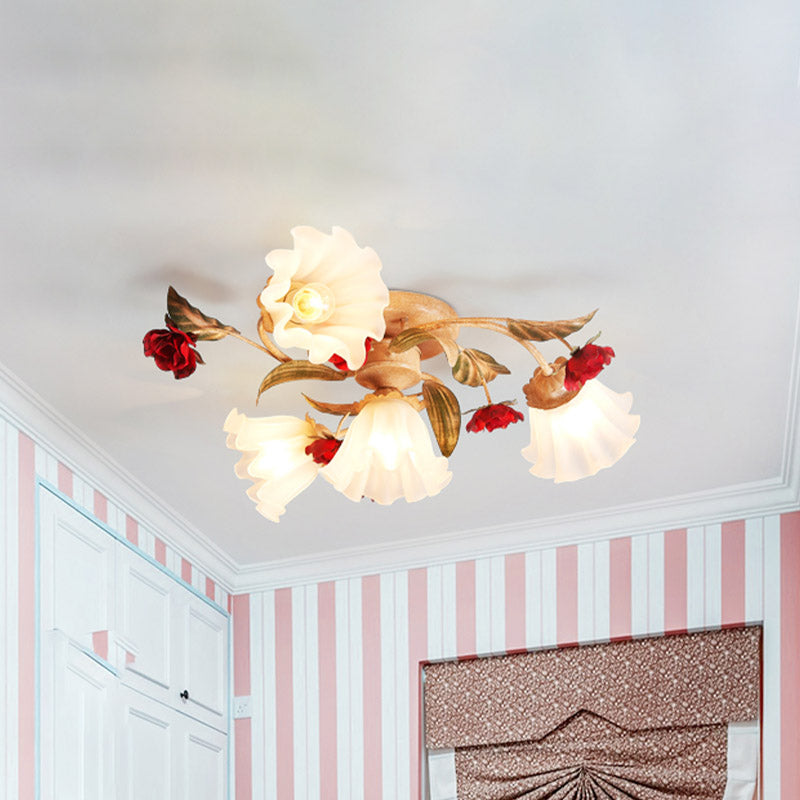 Brown 4/7/9-Bulb Semi Flush Mount Pastoral Frosted Glass Starburst Flush Ceiling Light with Red Flower Clearhalo 'Ceiling Lights' 'Close To Ceiling Lights' 'Close to ceiling' 'Semi-flushmount' Lighting' 729266