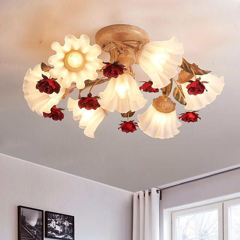 Brown 4/7/9-Bulb Semi Flush Mount Pastoral Frosted Glass Starburst Flush Ceiling Light with Red Flower 7 Brown Clearhalo 'Ceiling Lights' 'Close To Ceiling Lights' 'Close to ceiling' 'Semi-flushmount' Lighting' 729269