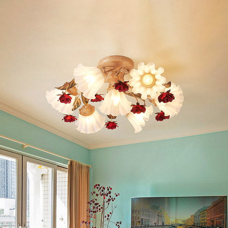 Brown 4/7/9-Bulb Semi Flush Mount Pastoral Frosted Glass Starburst Flush Ceiling Light with Red Flower Clearhalo 'Ceiling Lights' 'Close To Ceiling Lights' 'Close to ceiling' 'Semi-flushmount' Lighting' 729270