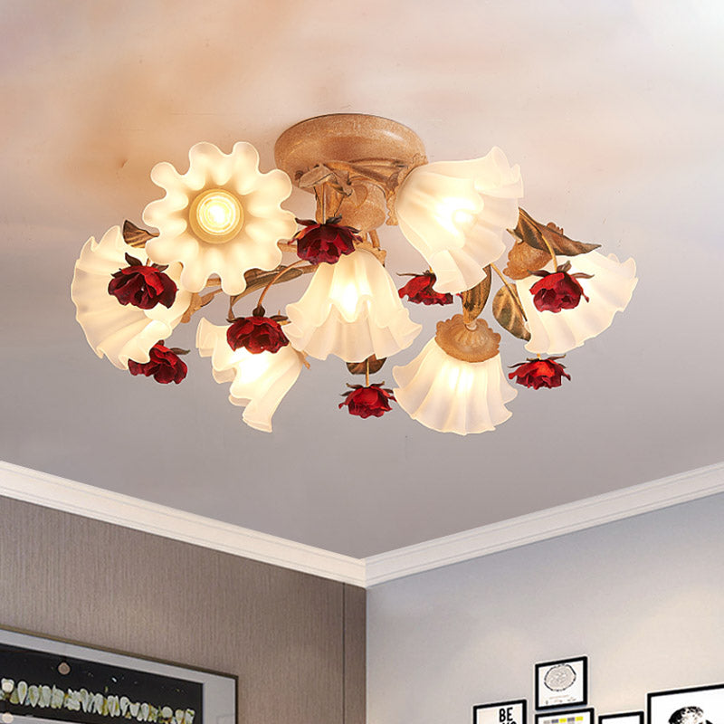 Brown 4/7/9-Bulb Semi Flush Mount Pastoral Frosted Glass Starburst Flush Ceiling Light with Red Flower Clearhalo 'Ceiling Lights' 'Close To Ceiling Lights' 'Close to ceiling' 'Semi-flushmount' Lighting' 729271