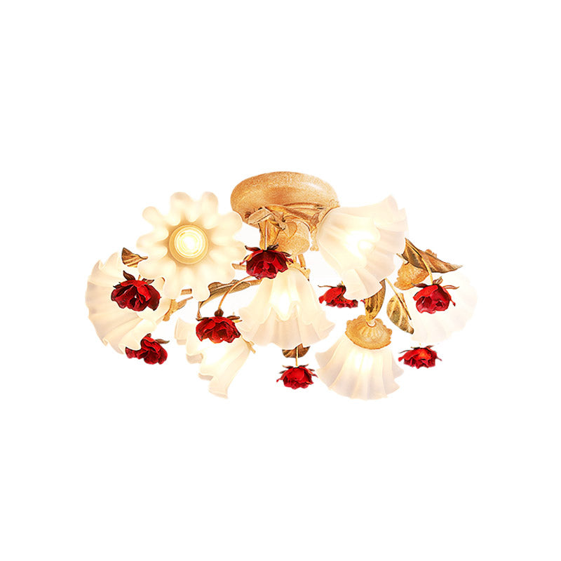 Brown 4/7/9-Bulb Semi Flush Mount Pastoral Frosted Glass Starburst Flush Ceiling Light with Red Flower Clearhalo 'Ceiling Lights' 'Close To Ceiling Lights' 'Close to ceiling' 'Semi-flushmount' Lighting' 729272