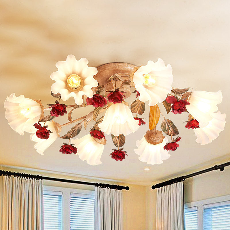 Brown 4/7/9-Bulb Semi Flush Mount Pastoral Frosted Glass Starburst Flush Ceiling Light with Red Flower 9 Brown Clearhalo 'Ceiling Lights' 'Close To Ceiling Lights' 'Close to ceiling' 'Semi-flushmount' Lighting' 729274