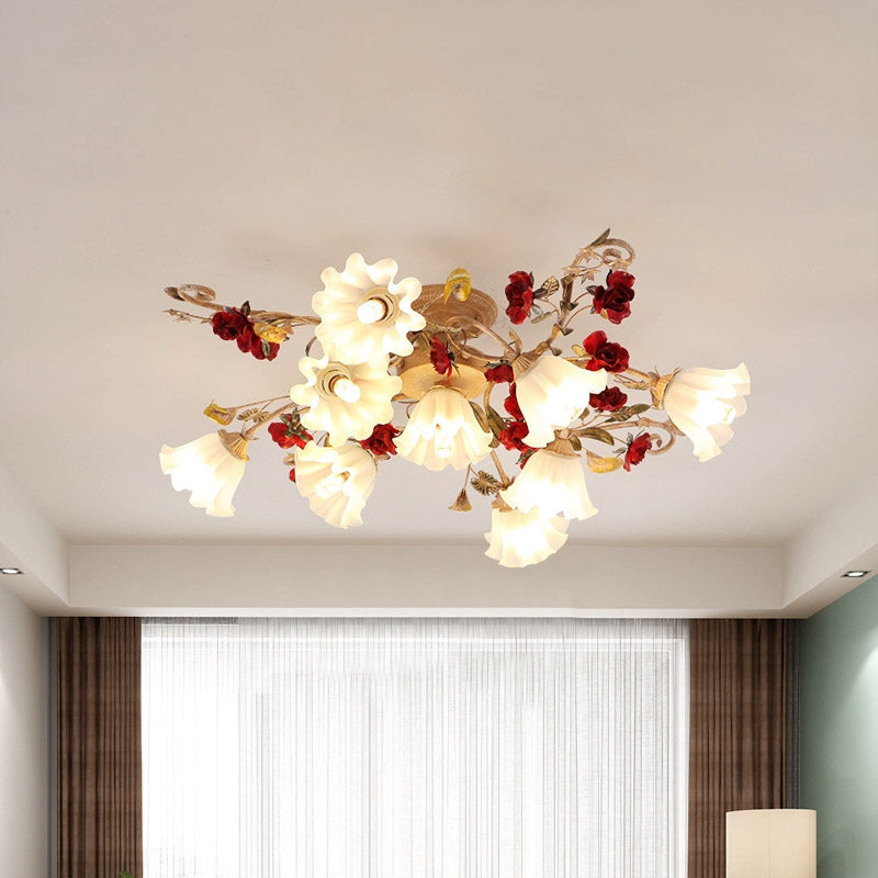 Brown 4/7/9-Bulb Semi Flush Mount Pastoral Frosted Glass Starburst Flush Ceiling Light with Red Flower Clearhalo 'Ceiling Lights' 'Close To Ceiling Lights' 'Close to ceiling' 'Semi-flushmount' Lighting' 729275