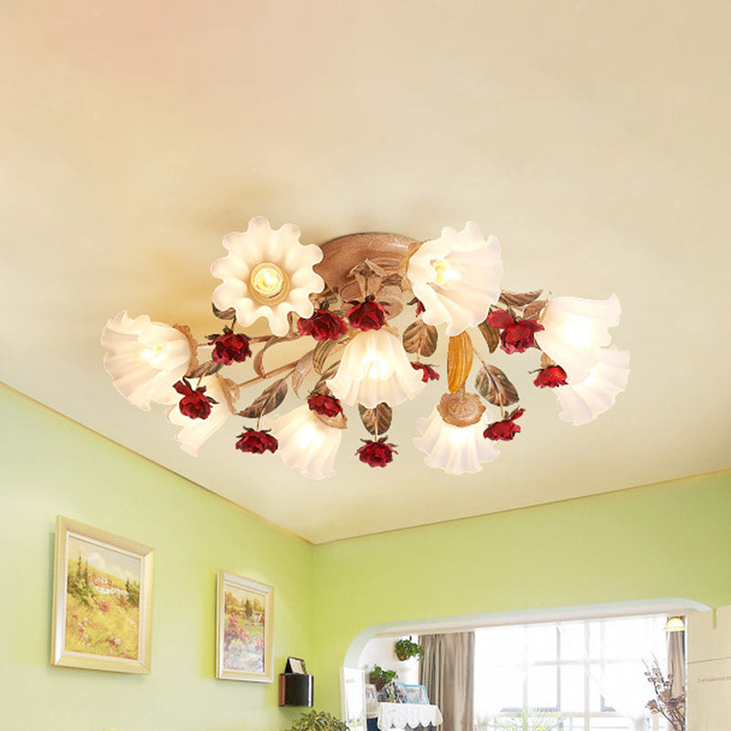 Brown 4/7/9-Bulb Semi Flush Mount Pastoral Frosted Glass Starburst Flush Ceiling Light with Red Flower Clearhalo 'Ceiling Lights' 'Close To Ceiling Lights' 'Close to ceiling' 'Semi-flushmount' Lighting' 729276