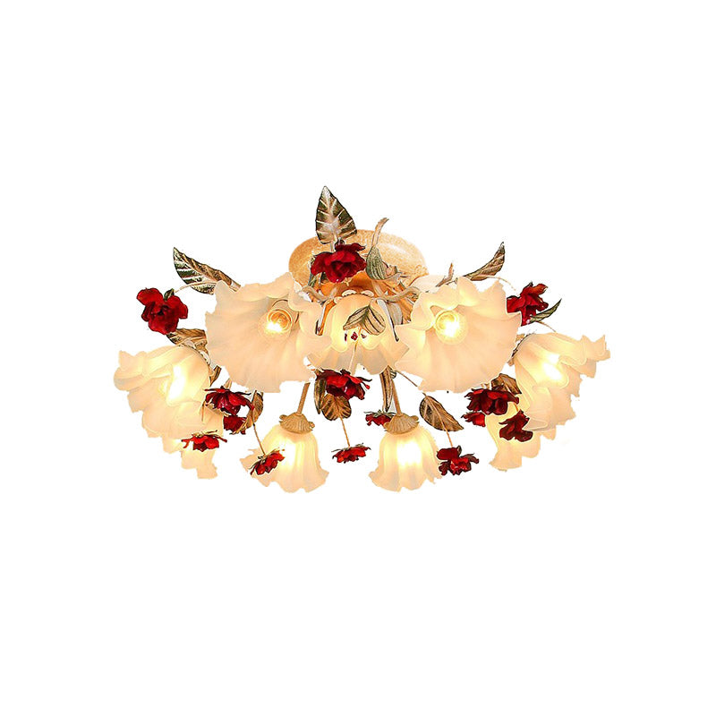 Brown 4/7/9-Bulb Semi Flush Mount Pastoral Frosted Glass Starburst Flush Ceiling Light with Red Flower Clearhalo 'Ceiling Lights' 'Close To Ceiling Lights' 'Close to ceiling' 'Semi-flushmount' Lighting' 729277