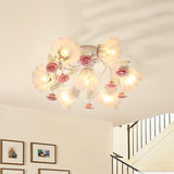 Countryside Spiral Semi Mount Lighting 7 Lights White Glass Flush Ceiling Light Fixture for Living Room Clearhalo 'Ceiling Lights' 'Close To Ceiling Lights' 'Close to ceiling' 'Semi-flushmount' Lighting' 729296