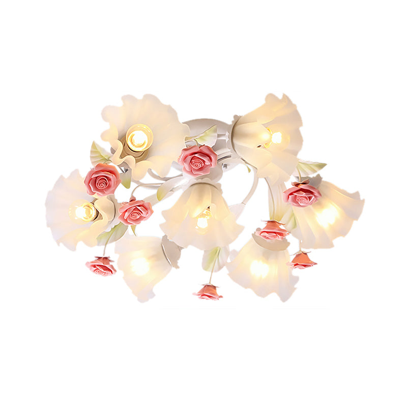Countryside Spiral Semi Mount Lighting 7 Lights White Glass Flush Ceiling Light Fixture for Living Room Clearhalo 'Ceiling Lights' 'Close To Ceiling Lights' 'Close to ceiling' 'Semi-flushmount' Lighting' 729297