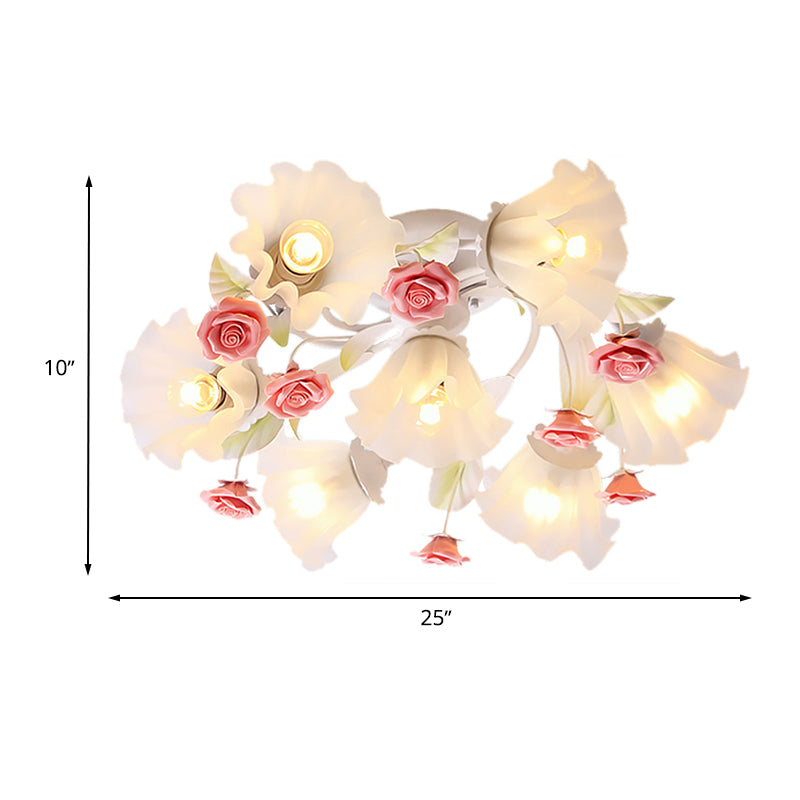 Countryside Spiral Semi Mount Lighting 7 Lights White Glass Flush Ceiling Light Fixture for Living Room Clearhalo 'Ceiling Lights' 'Close To Ceiling Lights' 'Close to ceiling' 'Semi-flushmount' Lighting' 729298