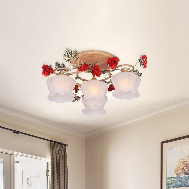 4/6-Light Frosted Glass Flush Mount Countryside Coffee Floral Dining Room Semi Flush Light Fixture Clearhalo 'Ceiling Lights' 'Close To Ceiling Lights' 'Close to ceiling' 'Semi-flushmount' Lighting' 729300