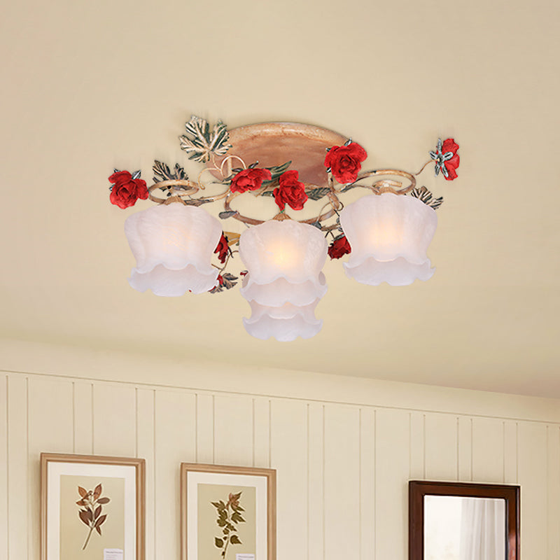 4/6-Light Frosted Glass Flush Mount Countryside Coffee Floral Dining Room Semi Flush Light Fixture Clearhalo 'Ceiling Lights' 'Close To Ceiling Lights' 'Close to ceiling' 'Semi-flushmount' Lighting' 729301