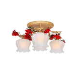 4/6-Light Frosted Glass Flush Mount Countryside Coffee Floral Dining Room Semi Flush Light Fixture Clearhalo 'Ceiling Lights' 'Close To Ceiling Lights' 'Close to ceiling' 'Semi-flushmount' Lighting' 729302