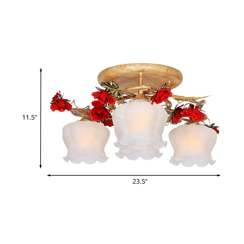 4/6-Light Frosted Glass Flush Mount Countryside Coffee Floral Dining Room Semi Flush Light Fixture Clearhalo 'Ceiling Lights' 'Close To Ceiling Lights' 'Close to ceiling' 'Semi-flushmount' Lighting' 729303