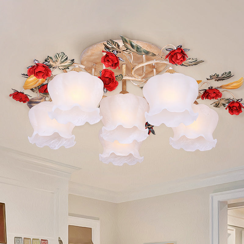 4/6-Light Frosted Glass Flush Mount Countryside Coffee Floral Dining Room Semi Flush Light Fixture 6 Coffee Clearhalo 'Ceiling Lights' 'Close To Ceiling Lights' 'Close to ceiling' 'Semi-flushmount' Lighting' 729304
