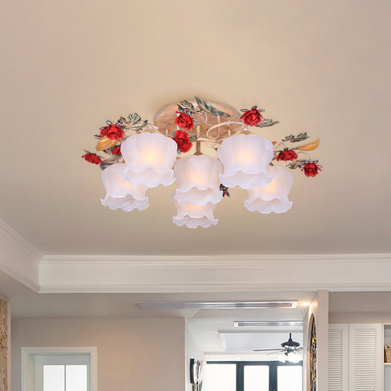 4/6-Light Frosted Glass Flush Mount Countryside Coffee Floral Dining Room Semi Flush Light Fixture Clearhalo 'Ceiling Lights' 'Close To Ceiling Lights' 'Close to ceiling' 'Semi-flushmount' Lighting' 729305