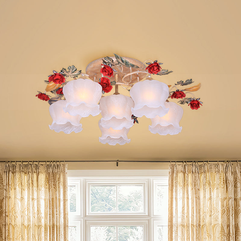 4/6-Light Frosted Glass Flush Mount Countryside Coffee Floral Dining Room Semi Flush Light Fixture Clearhalo 'Ceiling Lights' 'Close To Ceiling Lights' 'Close to ceiling' 'Semi-flushmount' Lighting' 729306