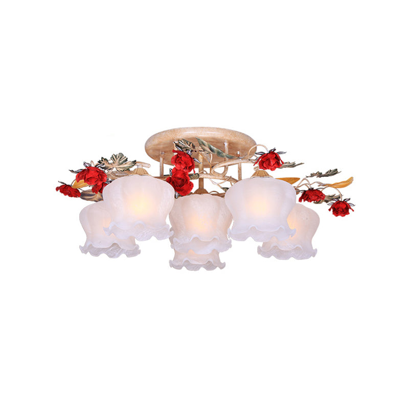 4/6-Light Frosted Glass Flush Mount Countryside Coffee Floral Dining Room Semi Flush Light Fixture Clearhalo 'Ceiling Lights' 'Close To Ceiling Lights' 'Close to ceiling' 'Semi-flushmount' Lighting' 729307