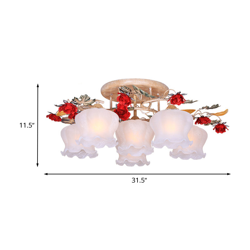 4/6-Light Frosted Glass Flush Mount Countryside Coffee Floral Dining Room Semi Flush Light Fixture Clearhalo 'Ceiling Lights' 'Close To Ceiling Lights' 'Close to ceiling' 'Semi-flushmount' Lighting' 729308
