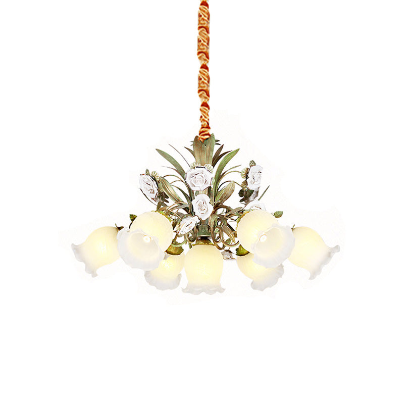 Green 4/7/9-Light Ceiling Chandelier Pastoral Style Milk Glass Floral Drop Pendant for Dining Room Clearhalo 'Ceiling Lights' 'Pendant Lights' 'Pendants' Lighting' 729377