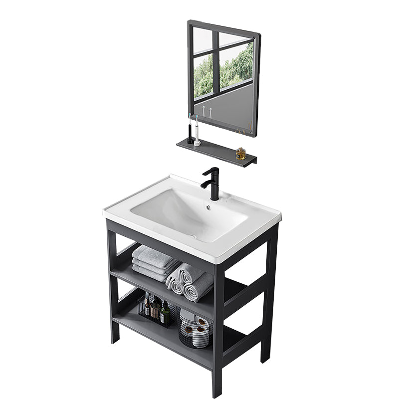 Modern Metal Vanity Set Open Storage Single Sink Vanity for Washroom Vanity & Faucet & Mirrors 24"L x 16"W x 31"H Clearhalo 'Bathroom Remodel & Bathroom Fixtures' 'Bathroom Vanities' 'bathroom_vanities' 'Home Improvement' 'home_improvement' 'home_improvement_bathroom_vanities' 7295174