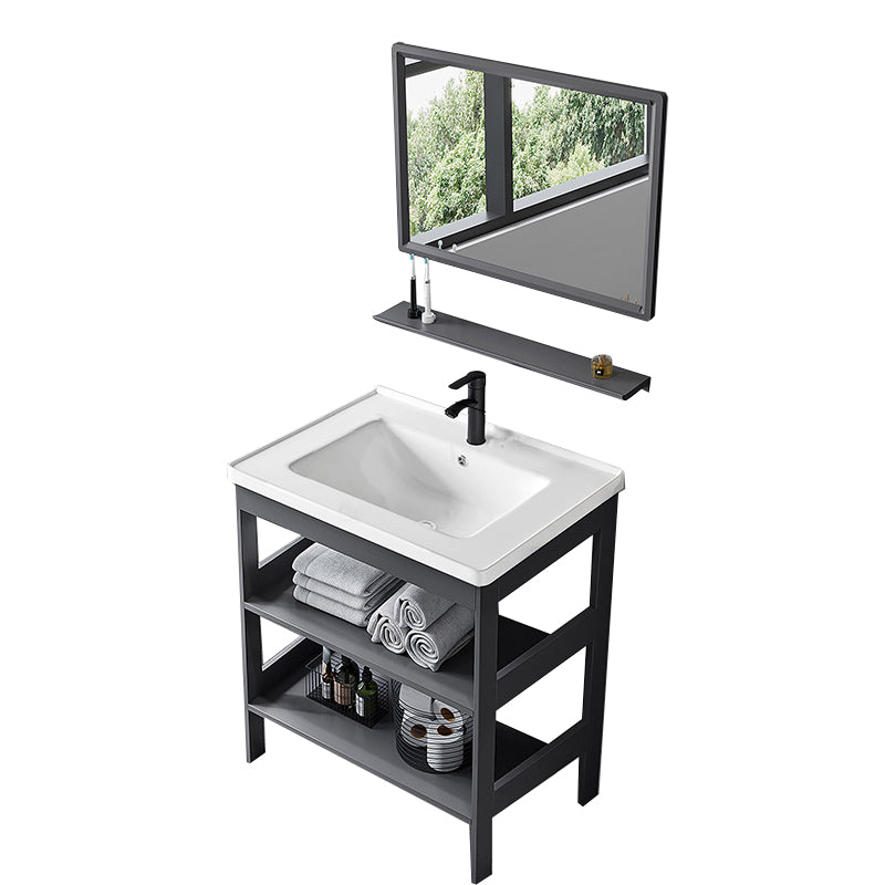 Modern Metal Vanity Set Open Storage Single Sink Vanity for Washroom Vanity & Faucet & Mirrors 28"L x 16"W x 31"H Clearhalo 'Bathroom Remodel & Bathroom Fixtures' 'Bathroom Vanities' 'bathroom_vanities' 'Home Improvement' 'home_improvement' 'home_improvement_bathroom_vanities' 7295175